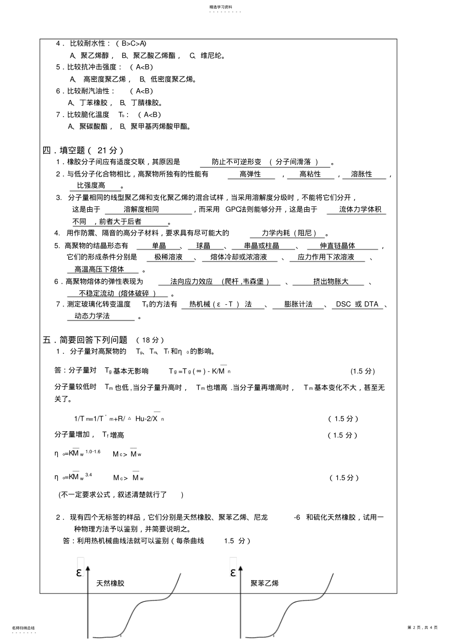 2022年高分子物理期末考试试卷及答案 .pdf_第2页