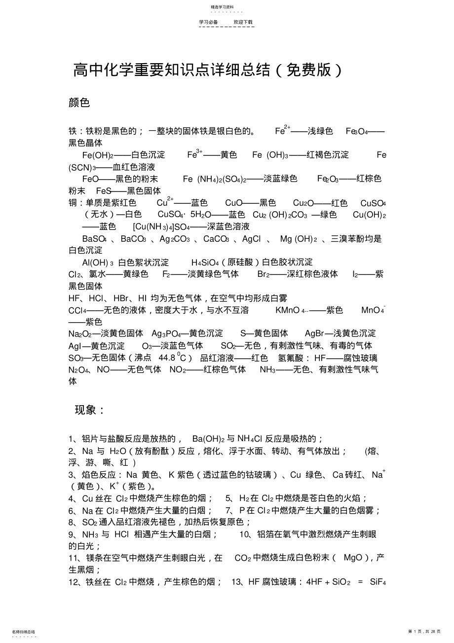 2022年高中化学重要常考知识点详细总结 .pdf_第1页