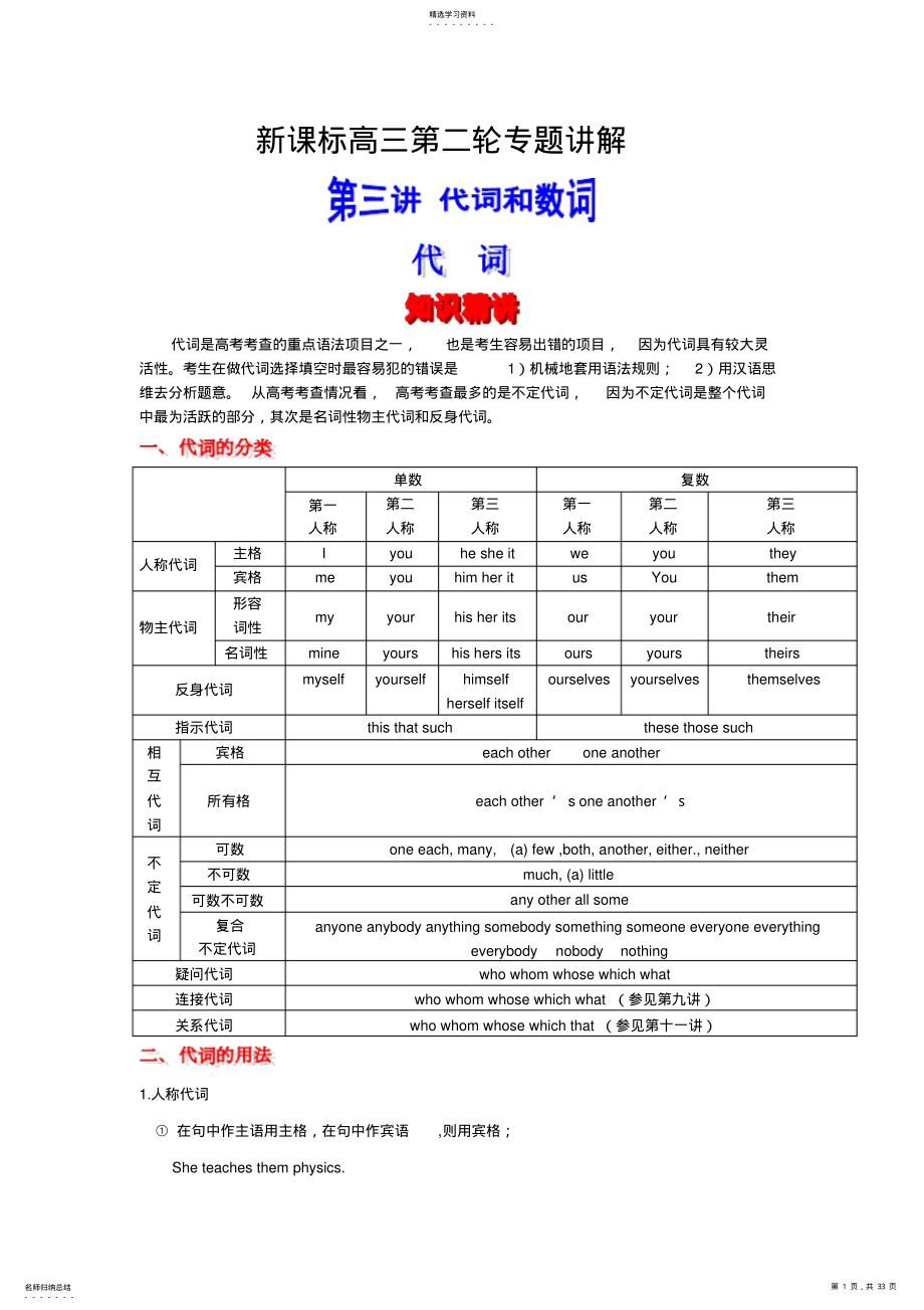 2022年高考英语语法精讲精练-代词和数词 .pdf_第1页