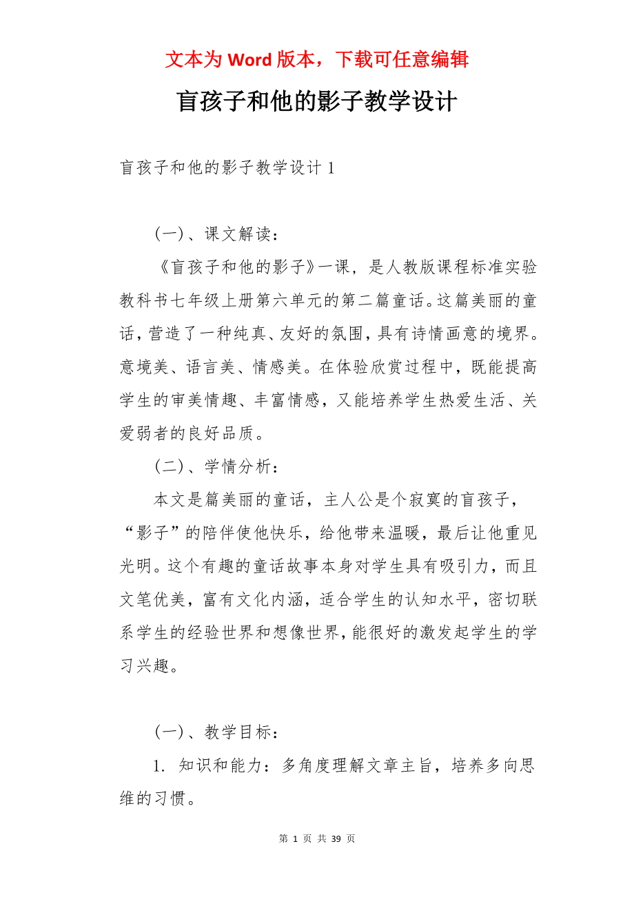 盲孩子和他的影子教学设计.docx_第1页