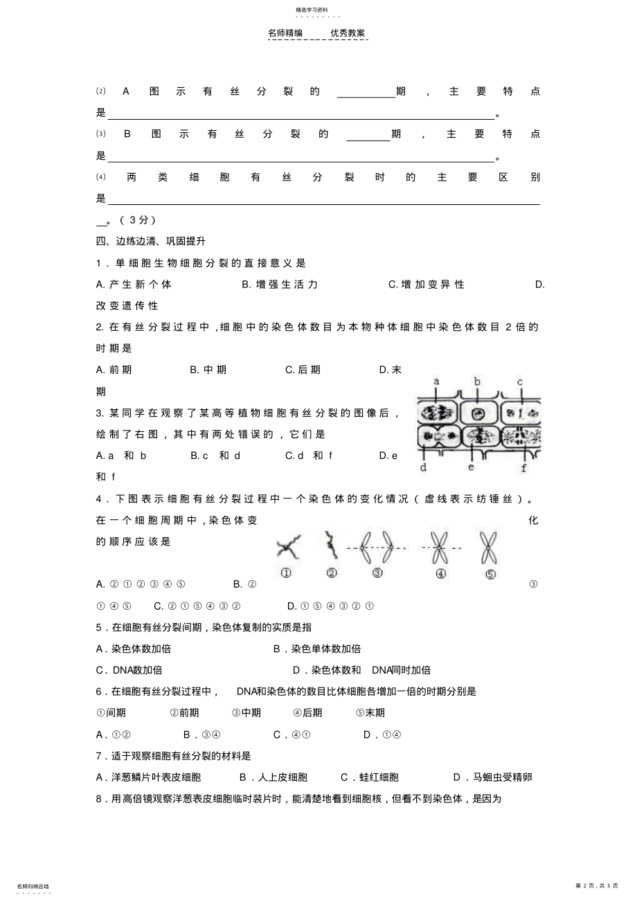 2022年高中生物必修一第五章第二节体细胞的分裂导学案北师版 .pdf_第2页