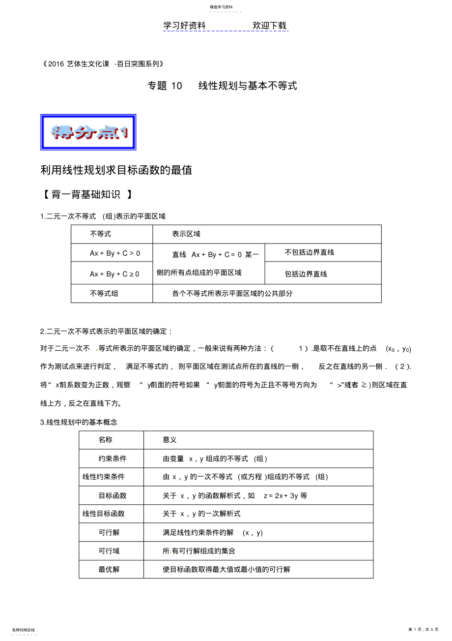 2022年高考艺术类考生数学考前突围专题线性规划与基本不等式基础篇原卷 .pdf_第1页