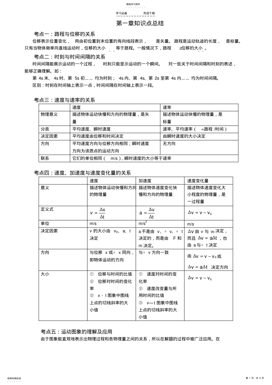 2022年高一物理第一章、第二章知识点总结及各知识点分析与答案 .pdf_第1页