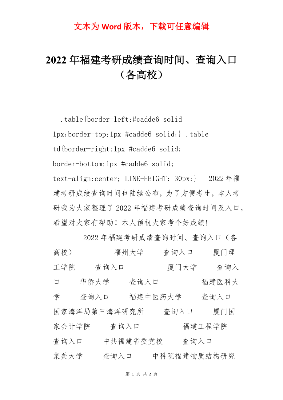 2022年福建考研成绩查询时间、查询入口（各高校）.docx_第1页