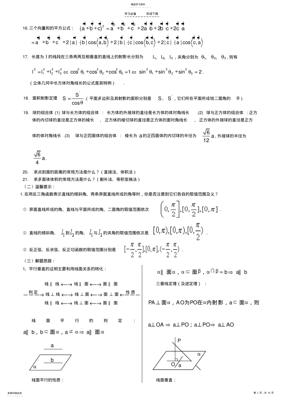 2022年高考数学-立体几何知识点与例题讲解-题型方法技巧【给高三学生补课时收集整理的】 .pdf_第2页