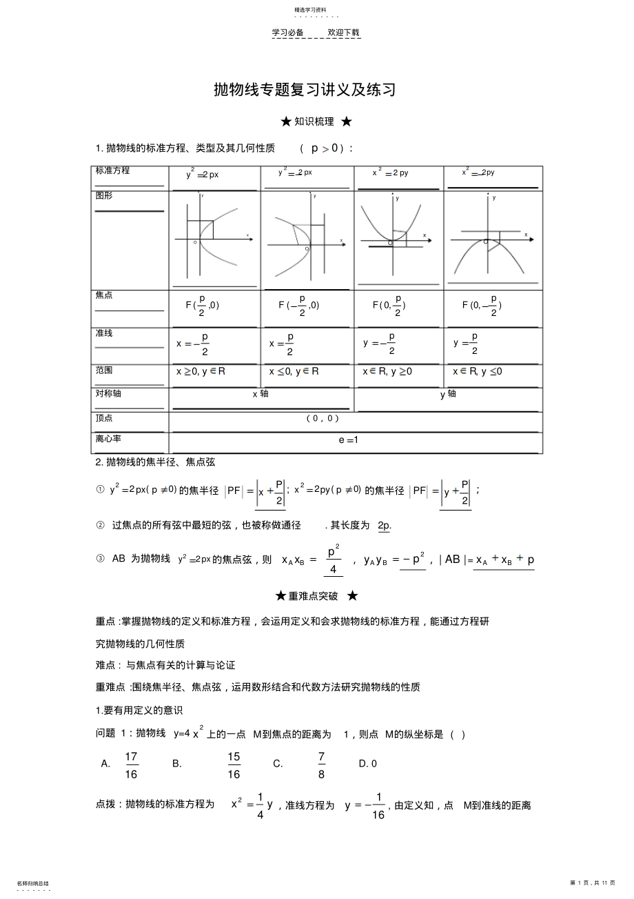 2022年抛物线专题复习讲义及练习 .pdf_第1页