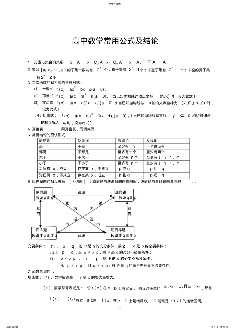 2022年高中数学88个常用公式及结论总结 .pdf_第1页