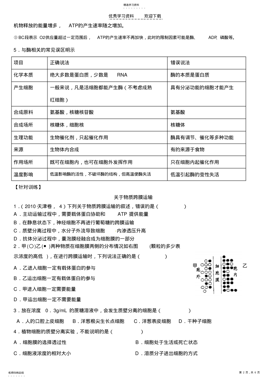 2022年高三生物二轮复习学案专题二物质代谢酶ATP练习题目 .pdf_第2页