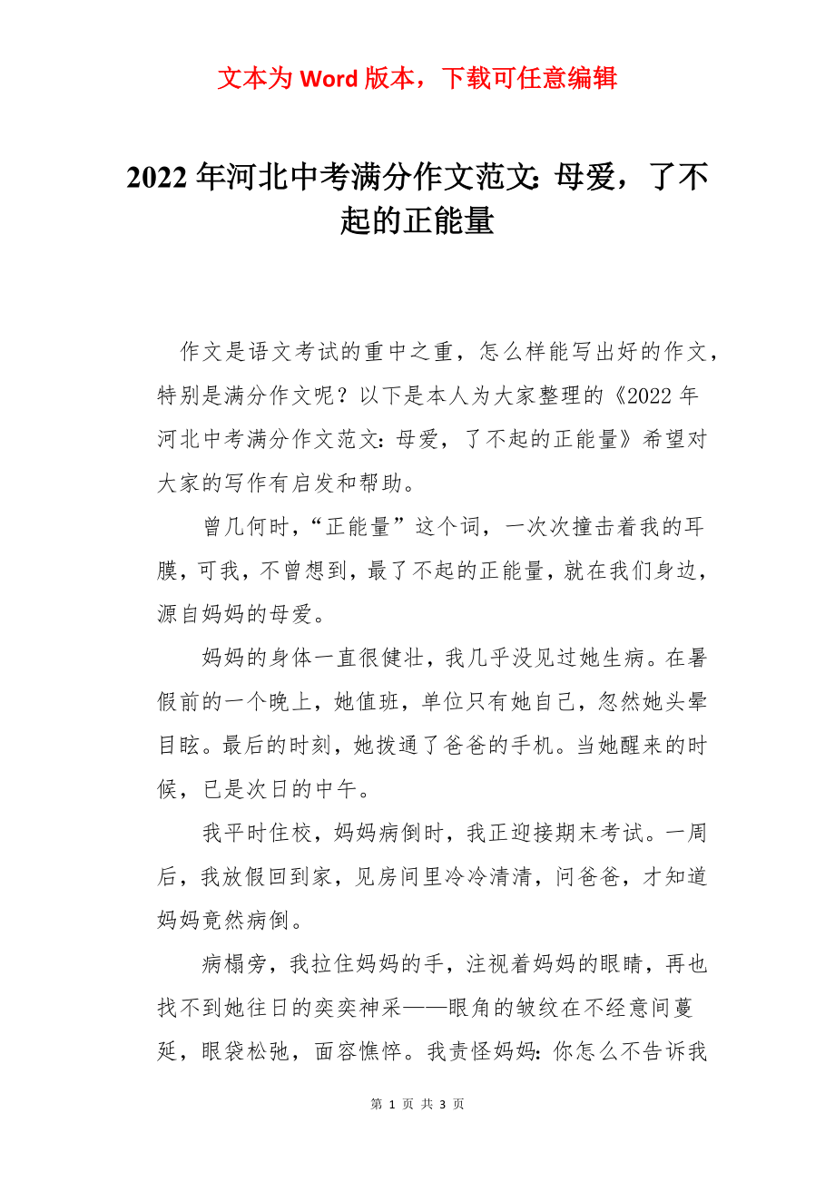 2022年河北中考满分作文范文：母爱了不起的正能量.docx_第1页