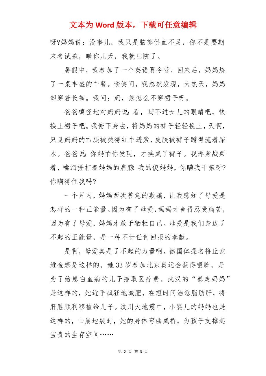 2022年河北中考满分作文范文：母爱了不起的正能量.docx_第2页