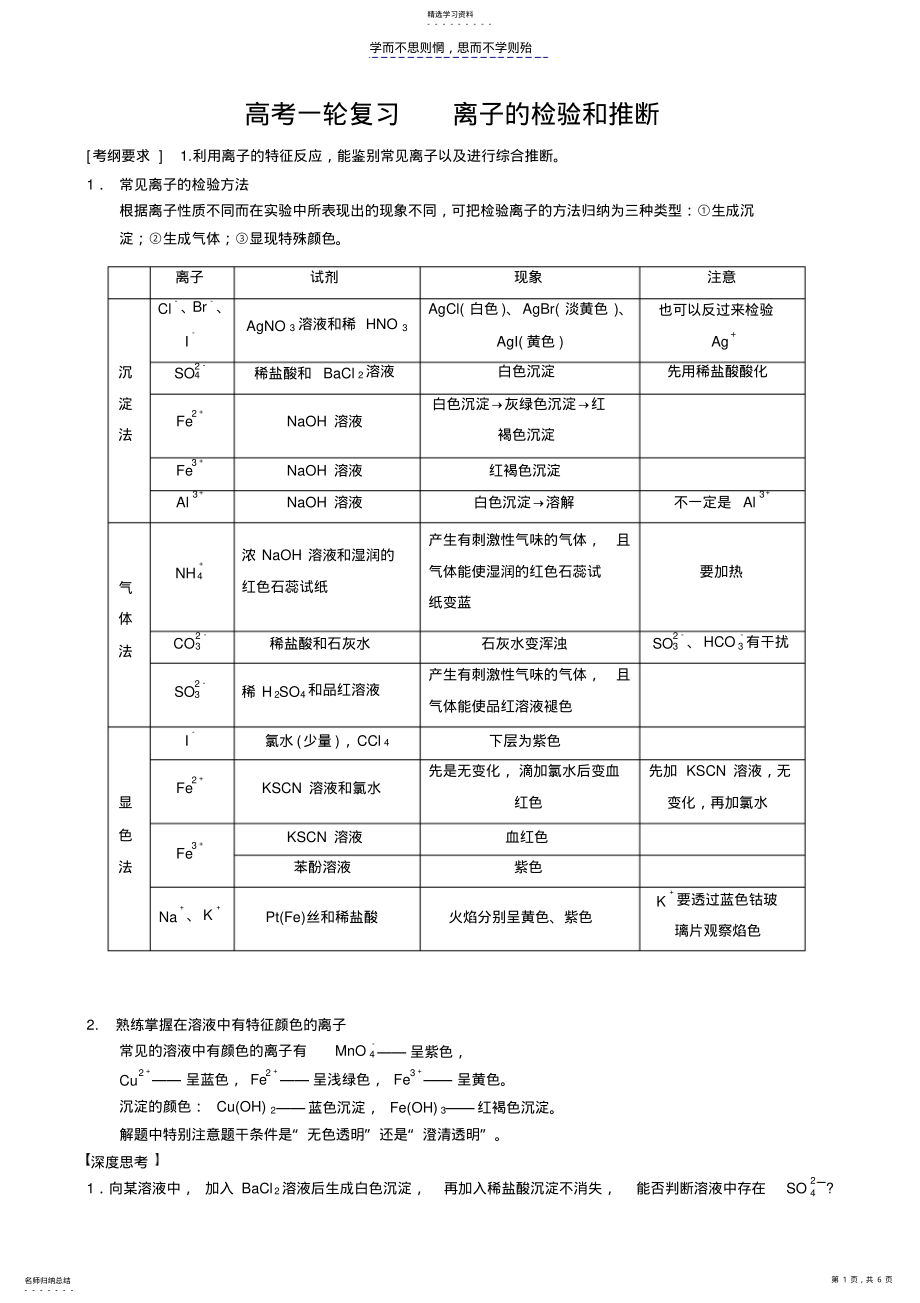 2022年高三专题复习离子共存离子的检验和推断 .pdf_第1页