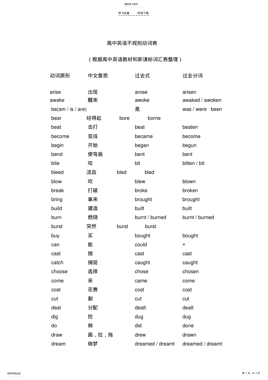 2022年高中英语不规则动词表精编 .pdf_第1页