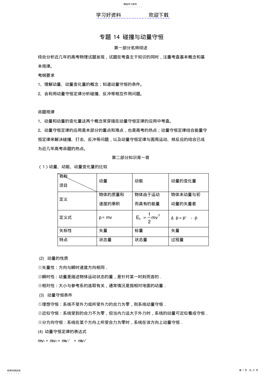 2022年高考物理备考艺体生百日突围系列专题碰撞与动量守恒含解析 .pdf_第1页