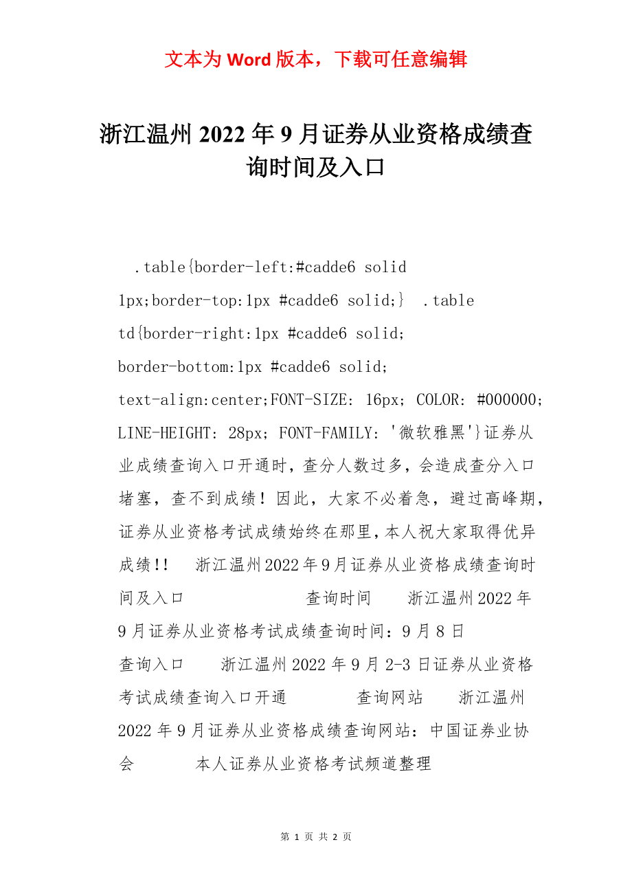 浙江温州2022年9月证券从业资格成绩查询时间及入口.docx_第1页