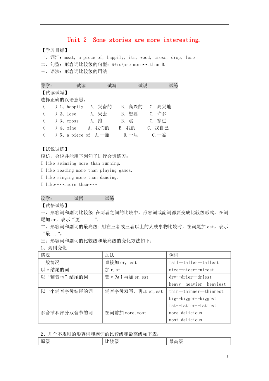 2016春六年级英语下册Unit2Somestoriesaremoreinteresting学案无答案新版湘少版.doc_第1页