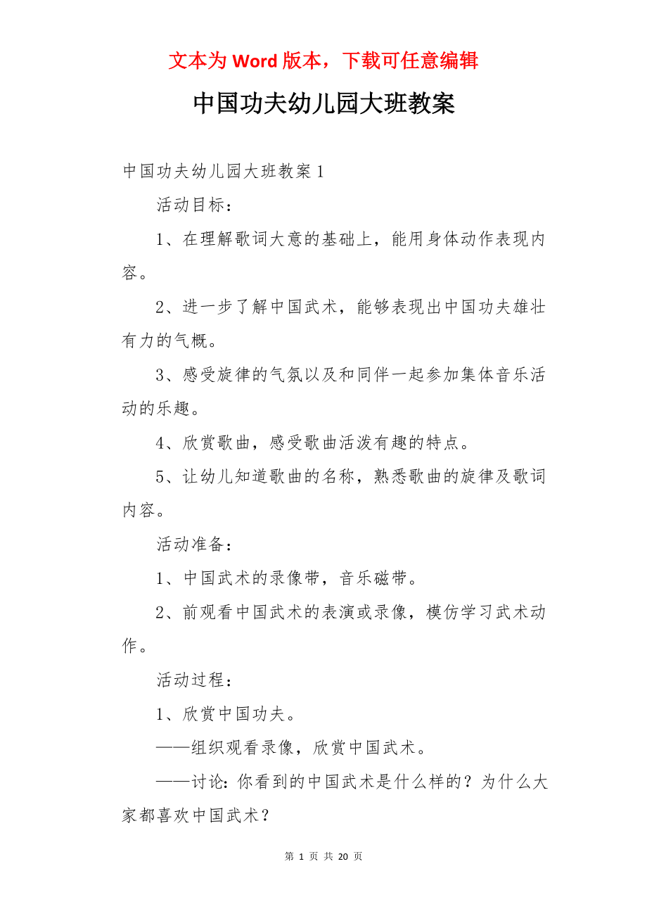 中国功夫幼儿园大班教案.docx_第1页