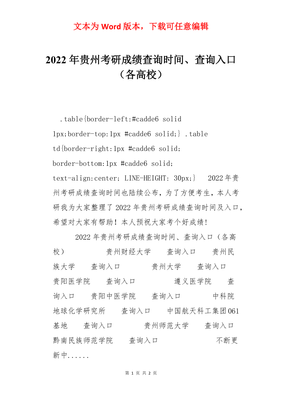 2022年贵州考研成绩查询时间、查询入口（各高校）.docx_第1页