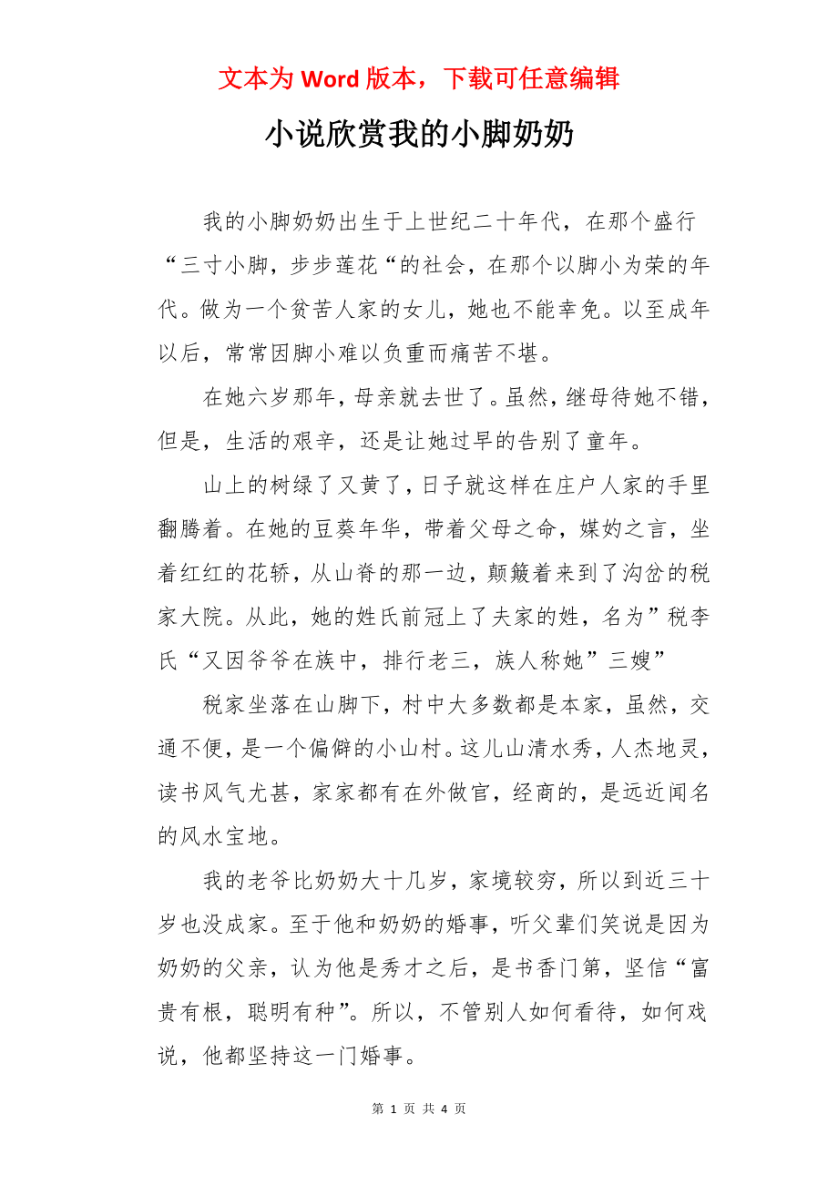 小说欣赏我的小脚奶奶.docx_第1页