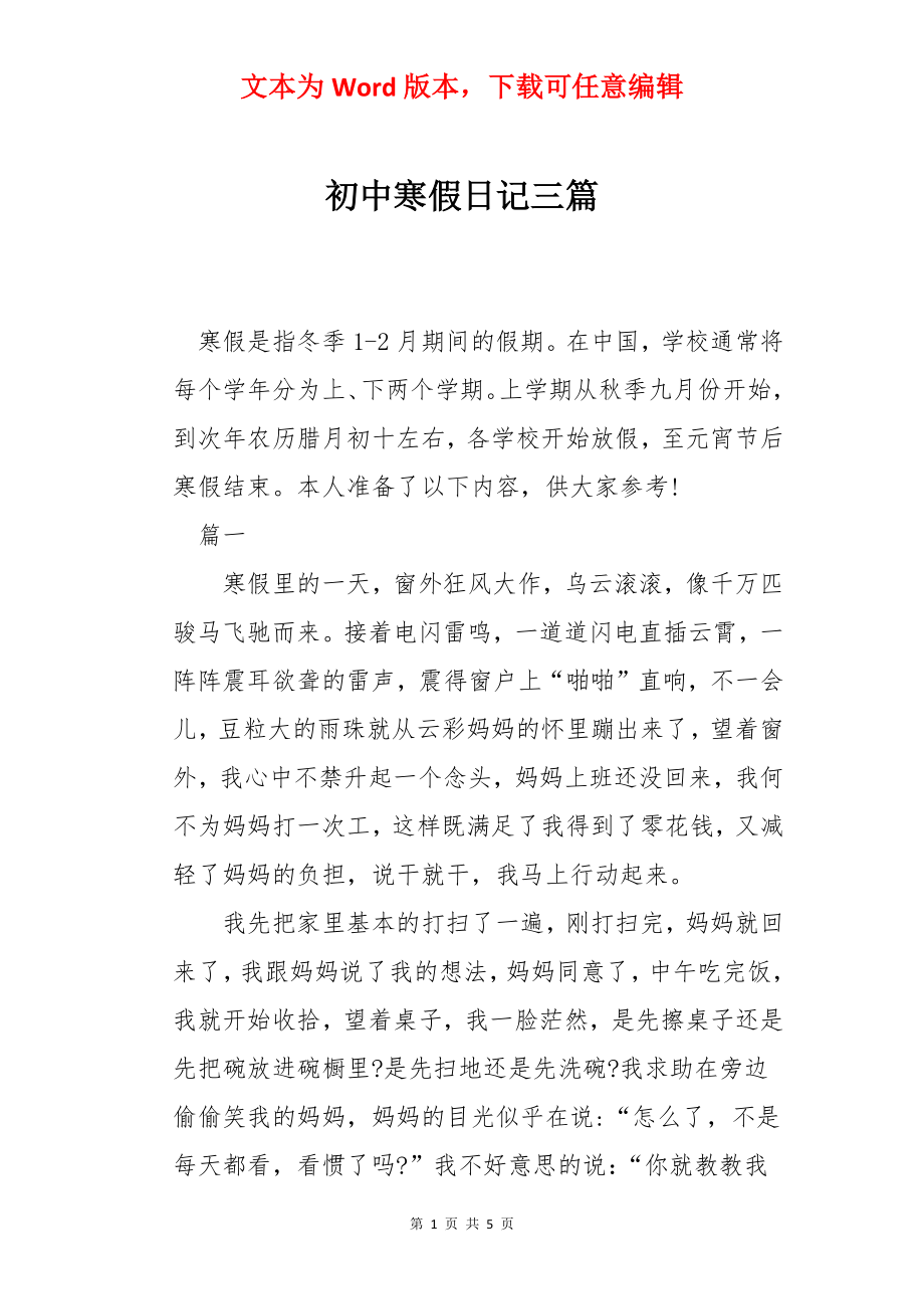 初中寒假日记三篇.docx_第1页