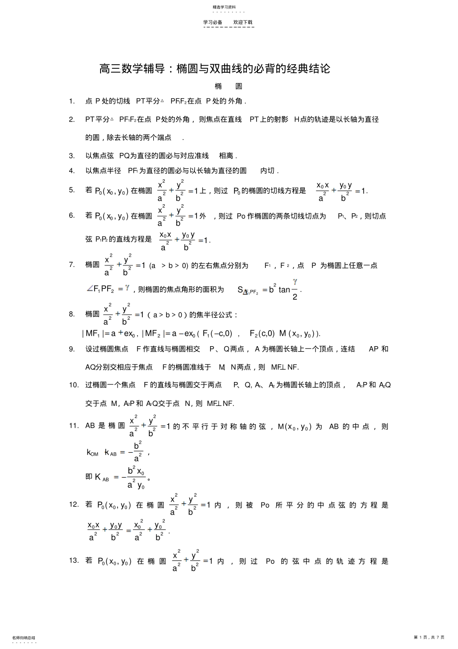 2022年高三数学辅导椭圆与双曲线的必背的经典结论 2.pdf_第1页