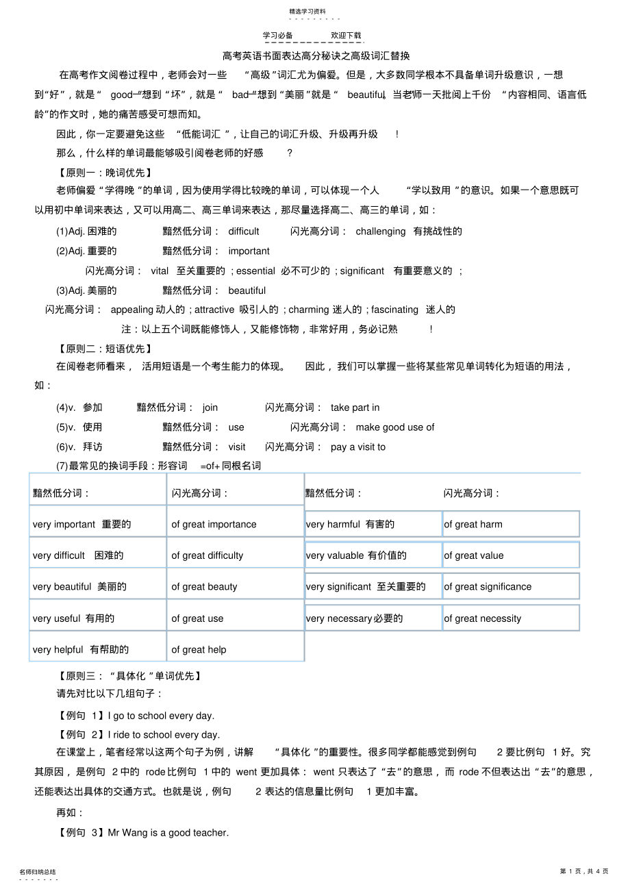 2022年高考英语书面表达高分秘诀之高级词汇替换 .pdf_第1页