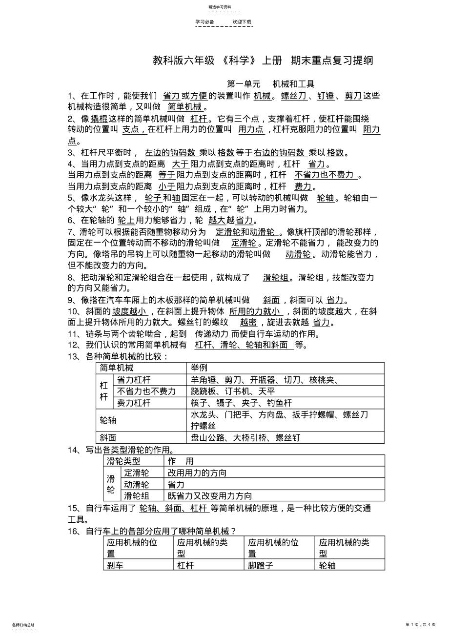 2022年教科版六年级《科学》上册-期末重点复习提纲 .pdf_第1页