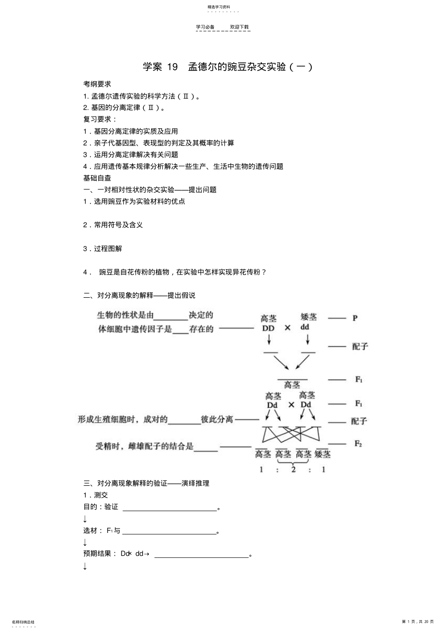 2022年高考生物第一轮复习孟德尔的豌豆杂交实验学案 .pdf_第1页