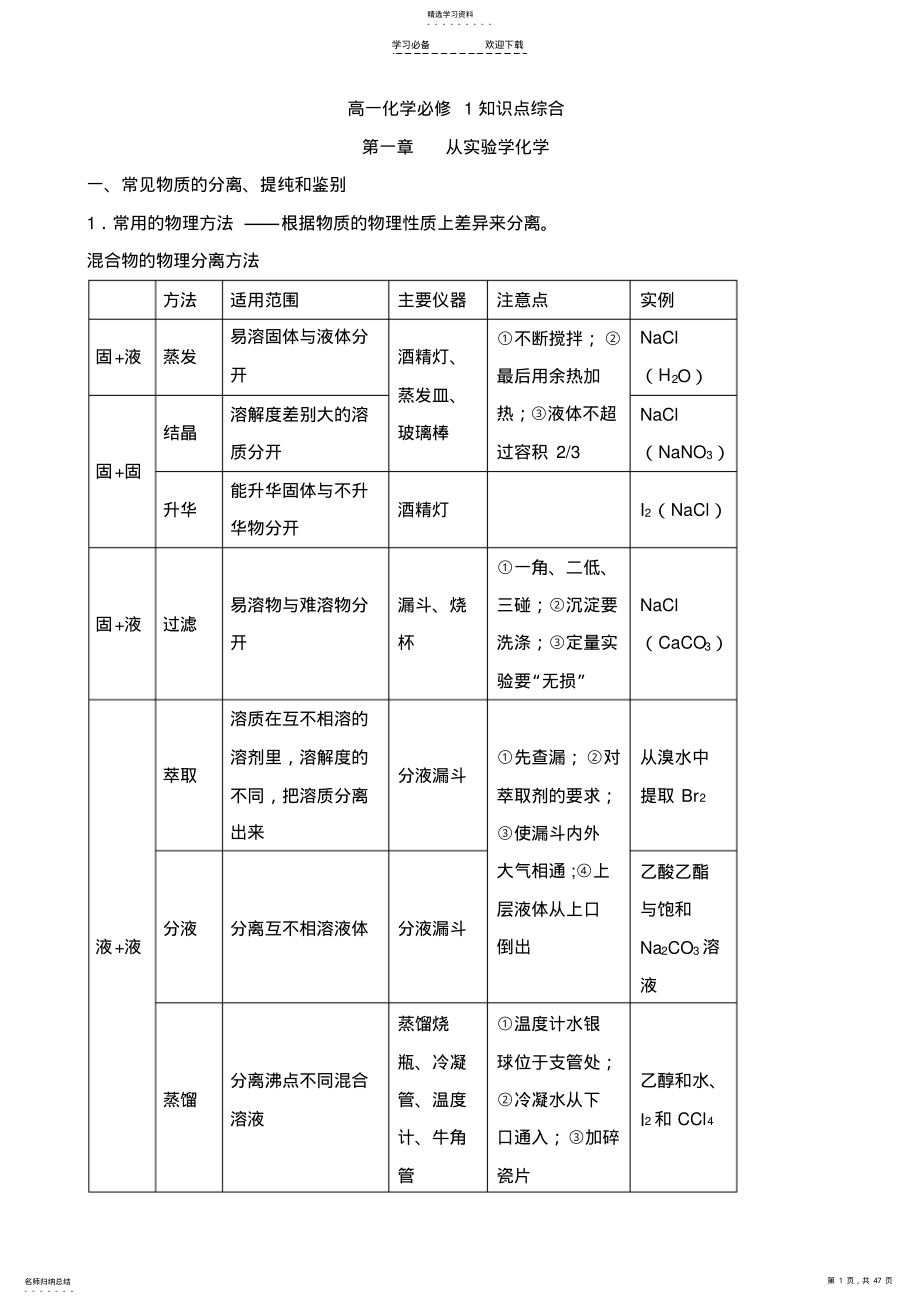 2022年高中化学必修一知识点整理【史上最全】人教版 .pdf_第1页