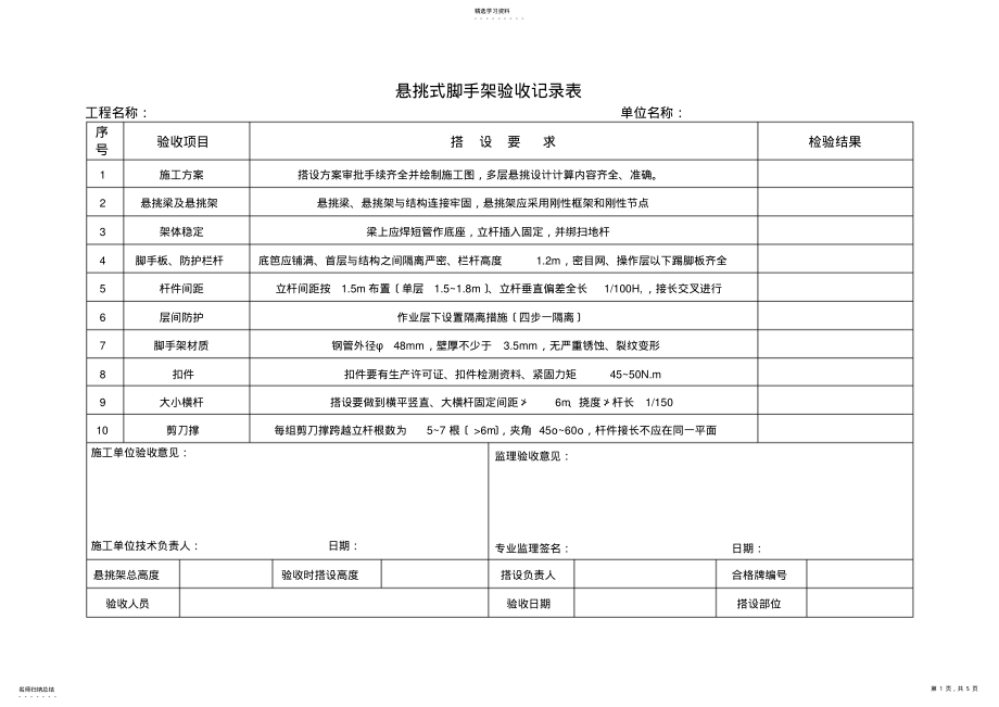 2022年悬挑式脚手架验收记录表 .pdf_第1页