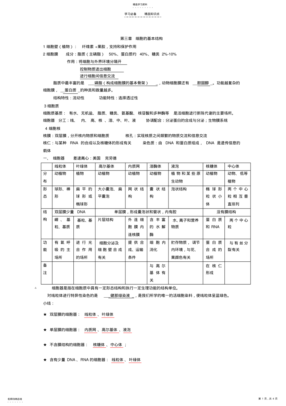 2022年高中生物必修一第三章细胞的基本结构知识点 .pdf_第1页