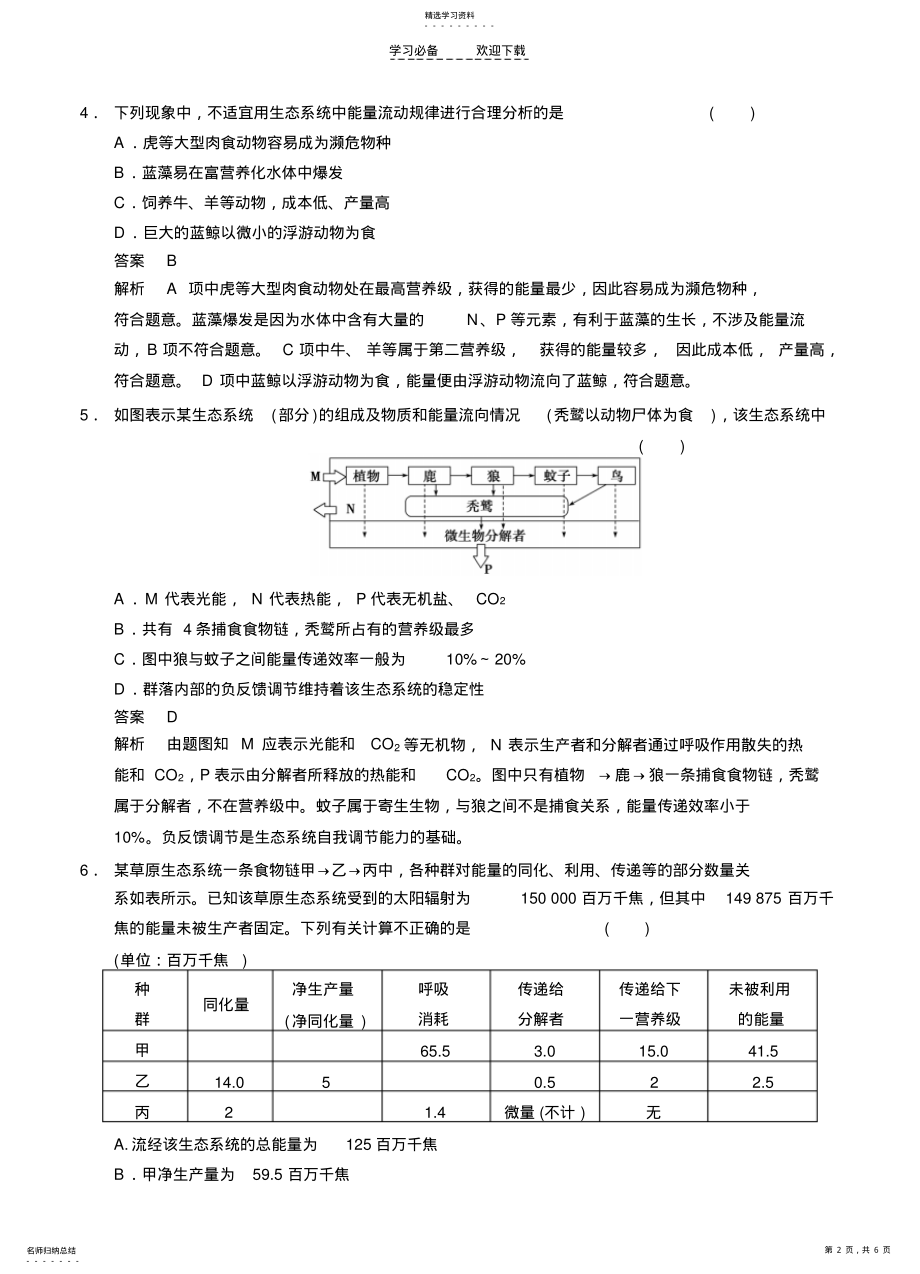 2022年高考生物一轮复习讲义生态系统的能量流动与物质专题集训 .pdf_第2页