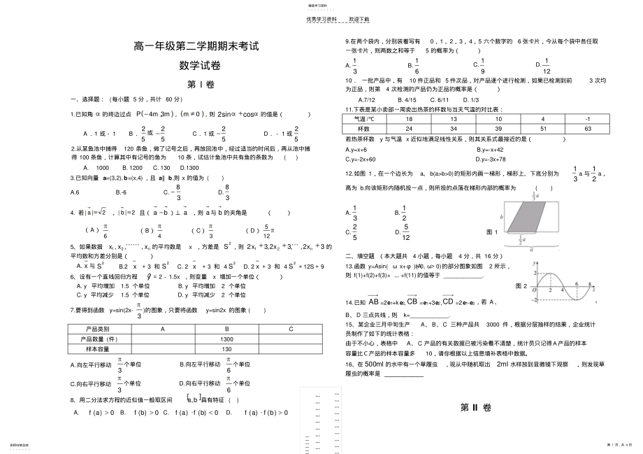 2022年高一数学下期末试卷附有答案 .pdf_第1页