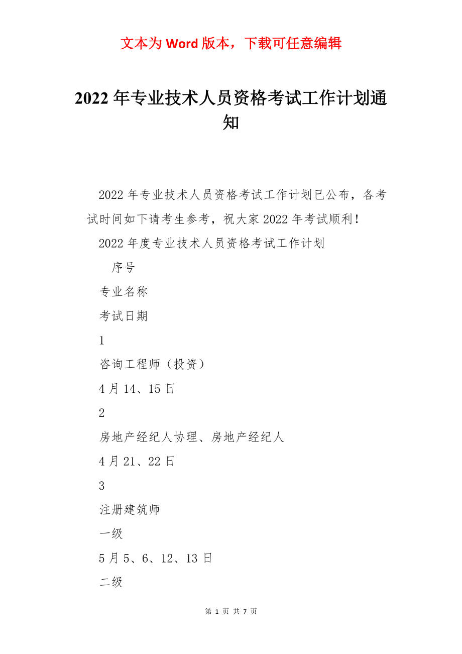 2022年专业技术人员资格考试工作计划通知.docx_第1页