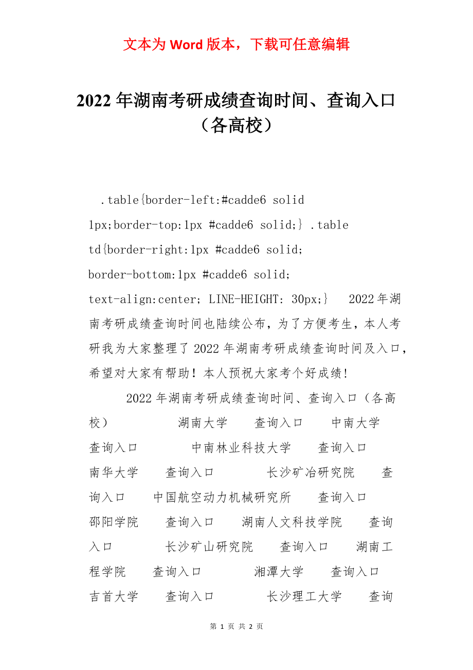 2022年湖南考研成绩查询时间、查询入口（各高校）.docx_第1页