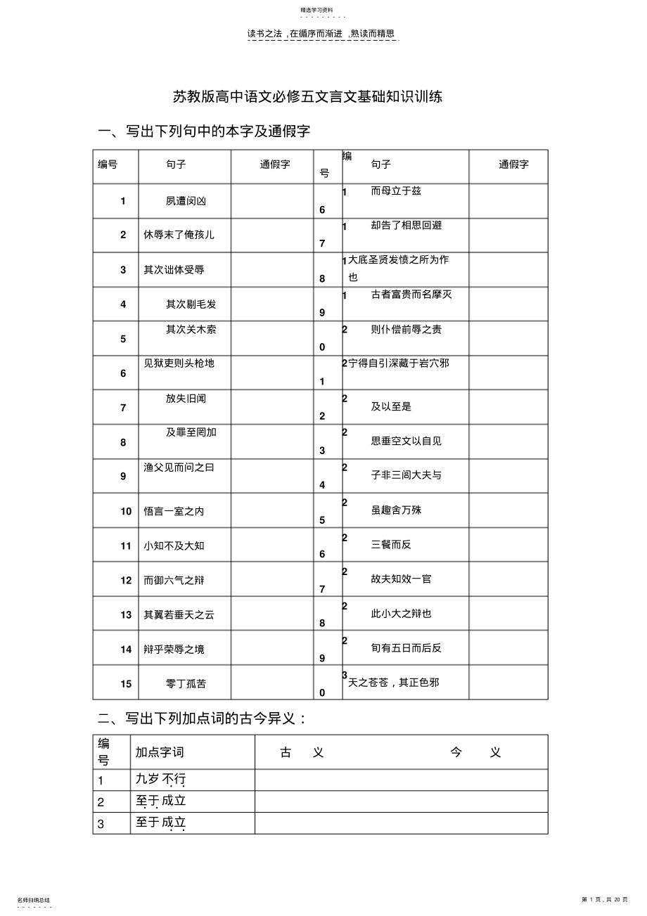 2022年必修五文言文基础知识训练试题及答案 .pdf_第1页