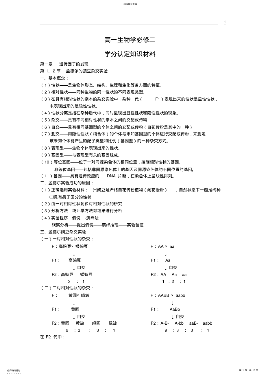 2022年高一生物必修二知识点总结 .pdf_第1页