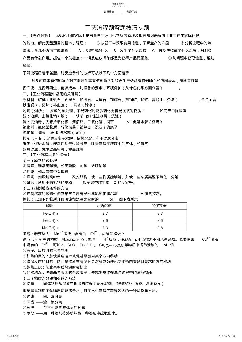 2022年高考化学工艺流程题目解题方法指导 .pdf_第1页