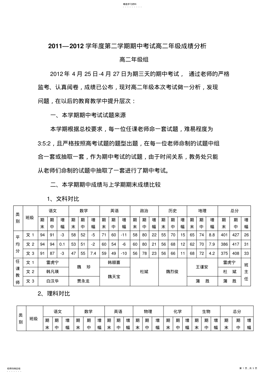 2022年高二年级期中考试成绩分析 .pdf_第1页