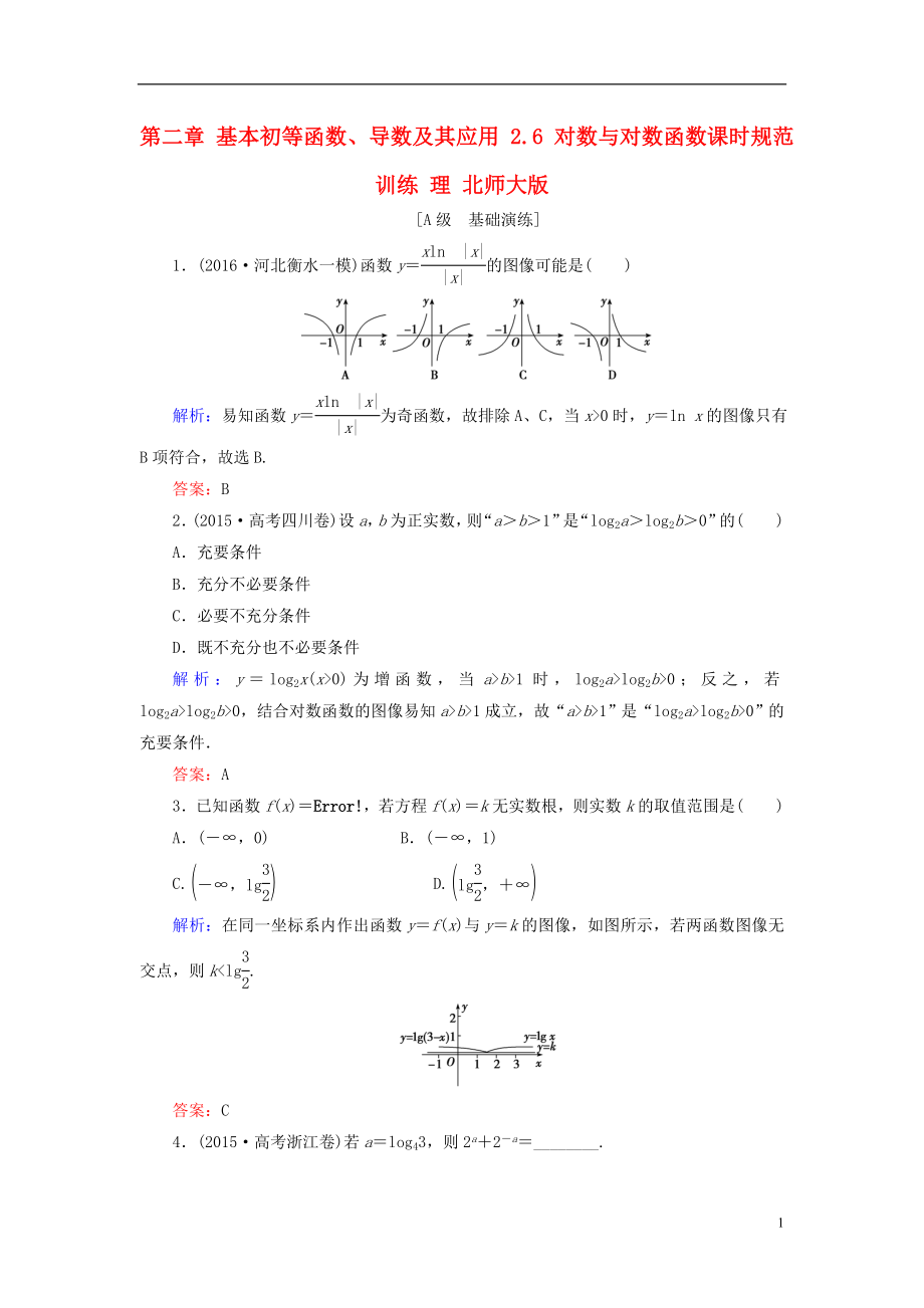 2017届高考数学大一轮复习第二章基本初等函数导数及其应用2.6对数与对数函数课时规范训练理北师大版.doc_第1页