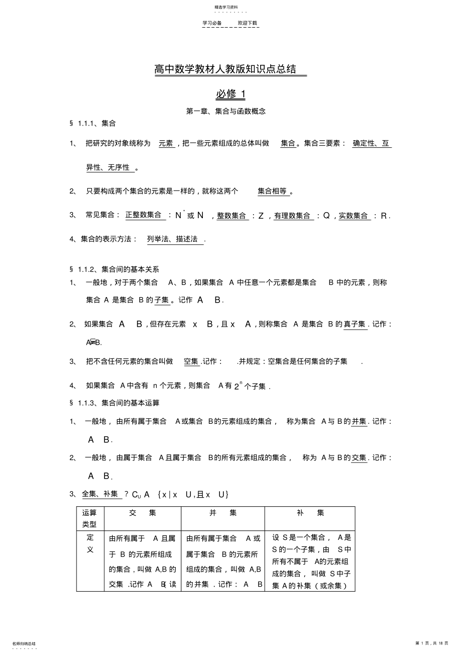 2022年高中数学教材人教版知识点总结 .pdf_第1页