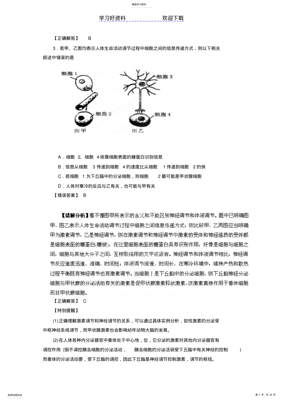 2022年高考生物备考冲刺之易错点点睛系列专题入和高等动物生命活动的调节 .pdf_第2页