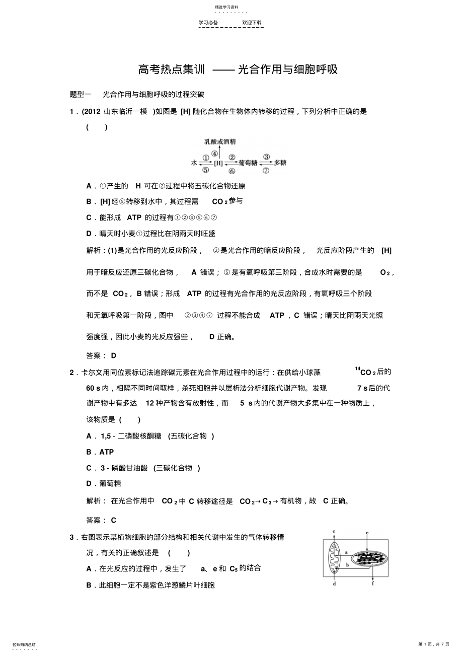 2022年高考热点集训——光合作用与细胞呼吸 .pdf_第1页