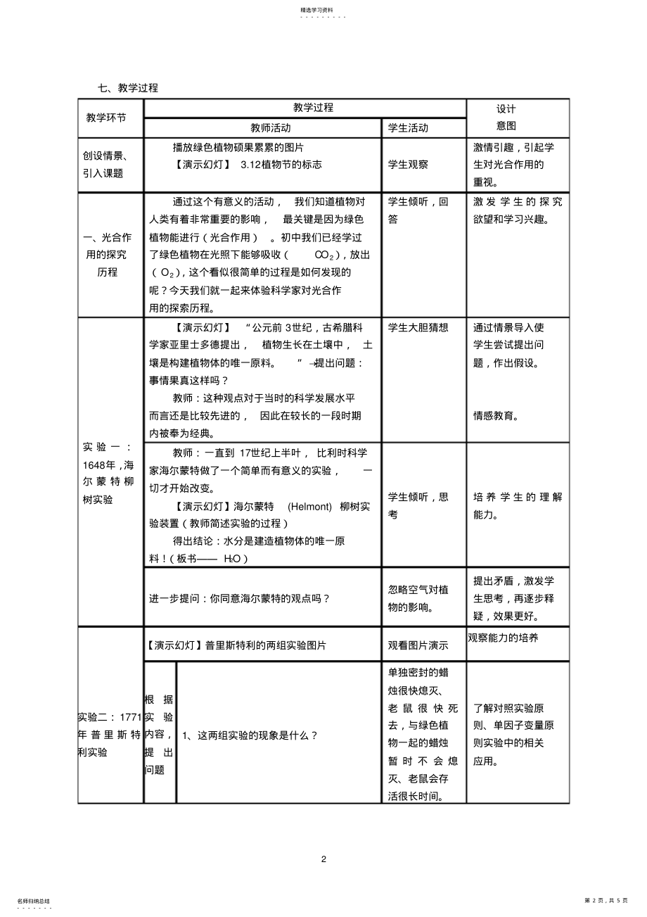 2022年高中生物《光合作用的探究历程》教学设计 .pdf_第2页