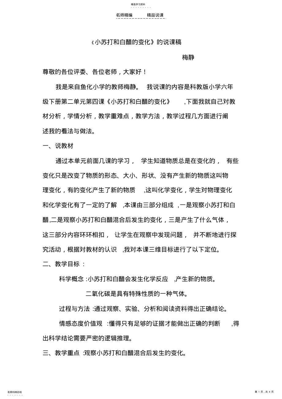 2022年小苏打和白醋的变化说课稿 .pdf_第1页