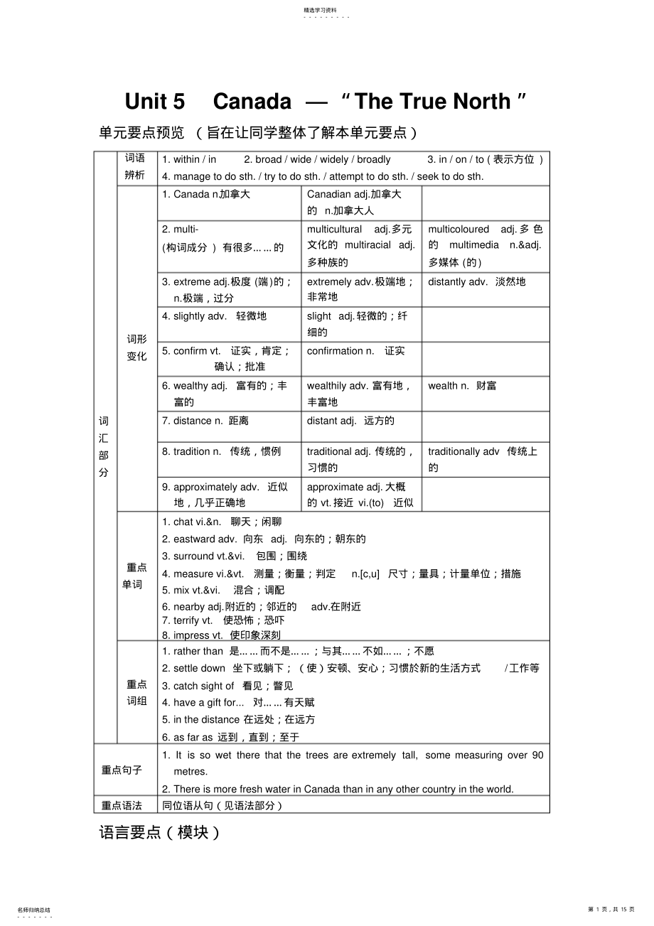 2022年高考英语第一轮复习-必修三Unit5Canada-TheTrueNorth .pdf_第1页