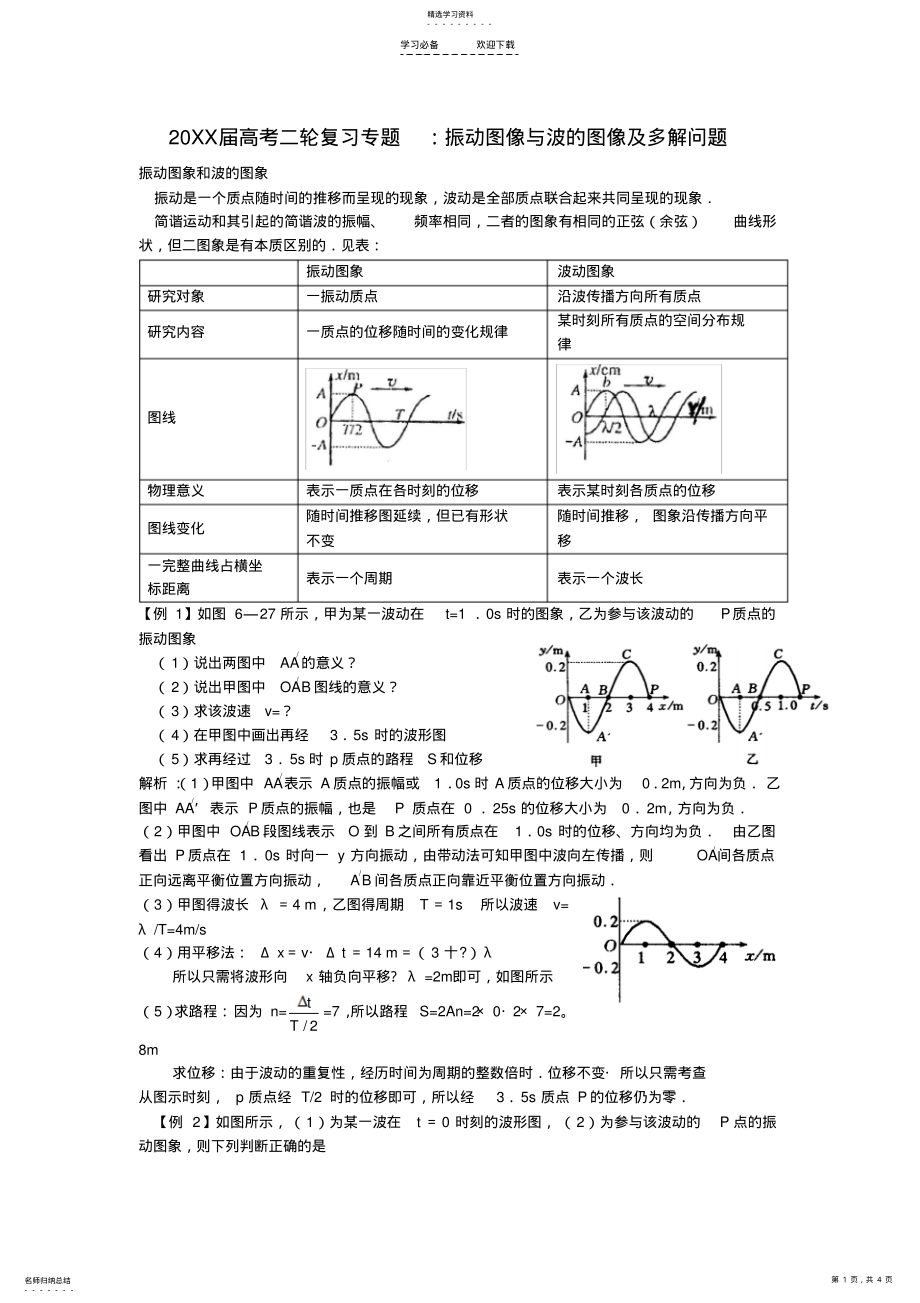 2022年高考物理二轮复习专题振动图像与波的图像及多解问题试题 .pdf_第1页