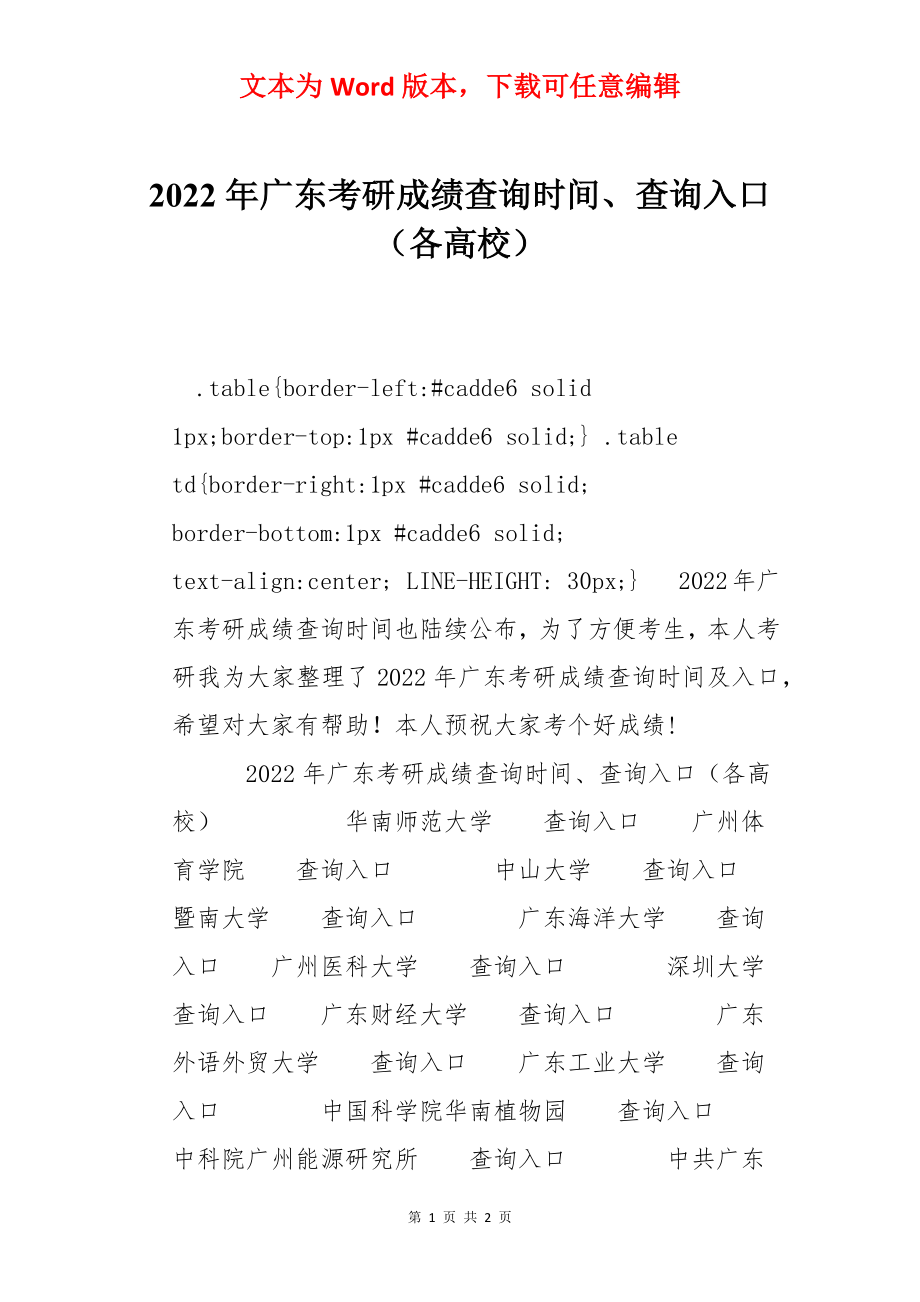 2022年广东考研成绩查询时间、查询入口（各高校）.docx_第1页