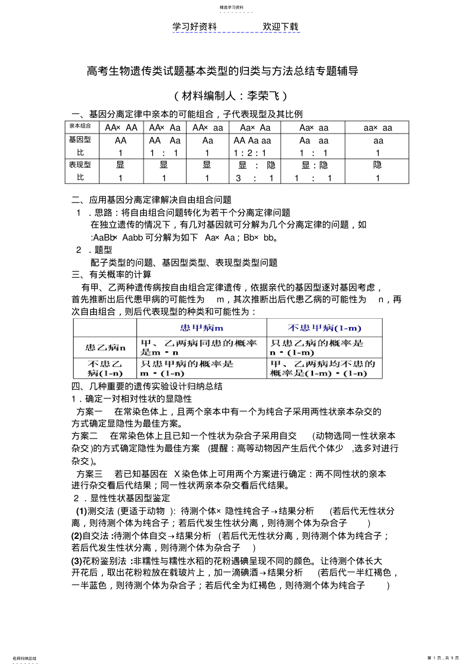 2022年高考生物遗传类试题基本类型的归类与方法总结专题辅导 .pdf_第1页