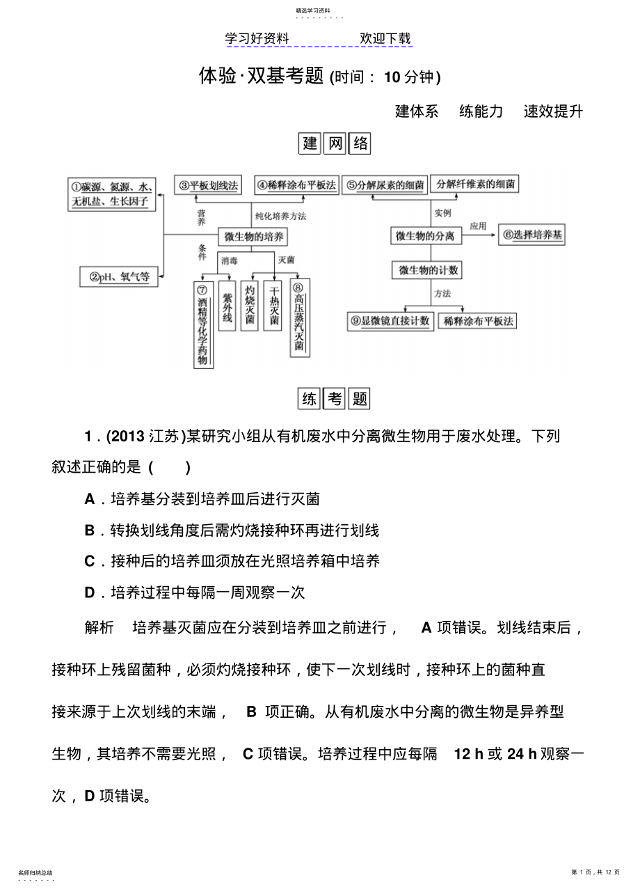 2022年高考生物总复习体验双基考题专题微生物的培养与应用 .pdf_第1页