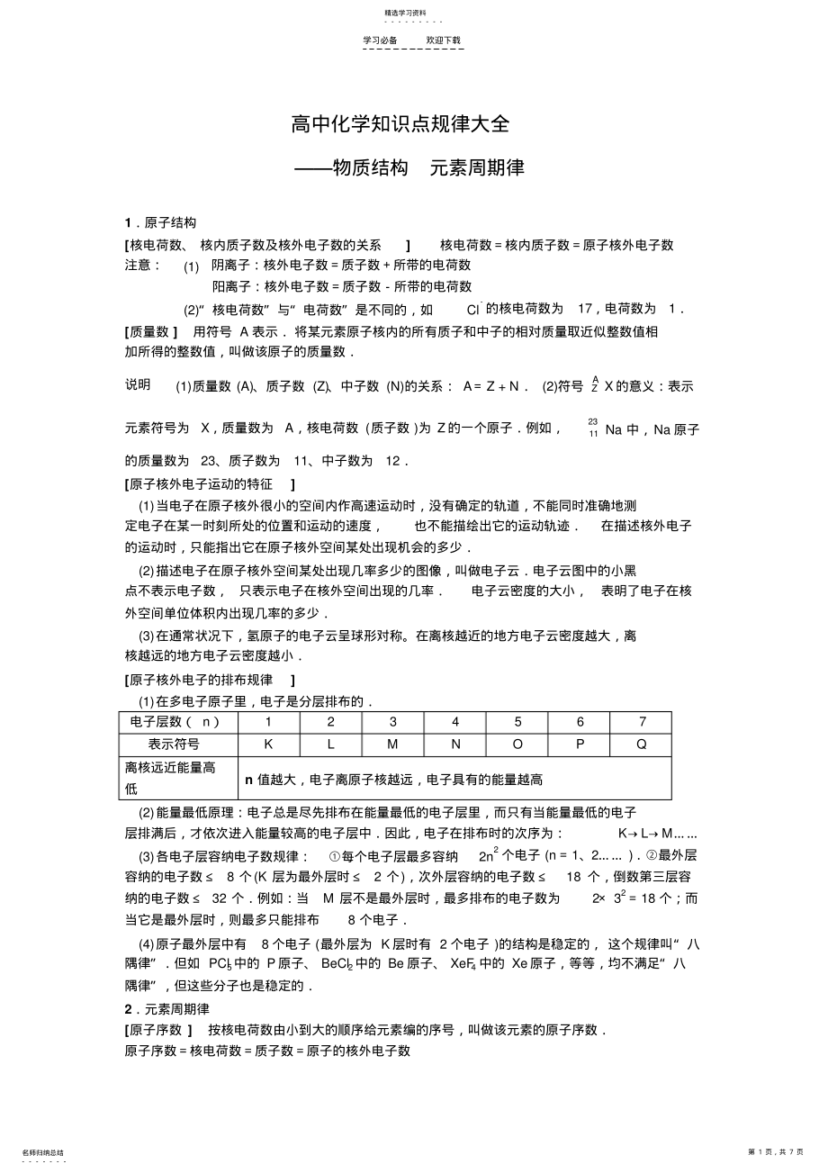 2022年高中知识点规律大全《物质结构元素周期律》 .pdf_第1页